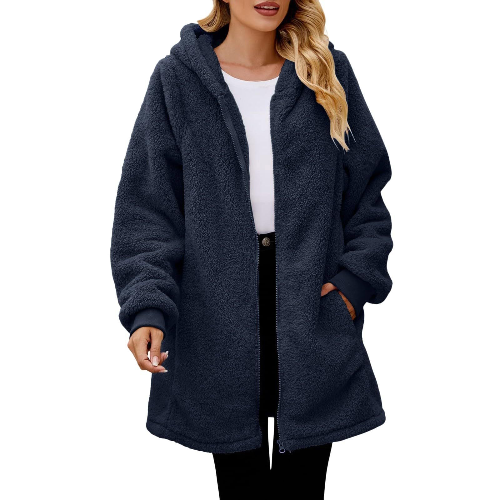 Damen gemütliche Sherpa Fleece Kapuzenjacke WW