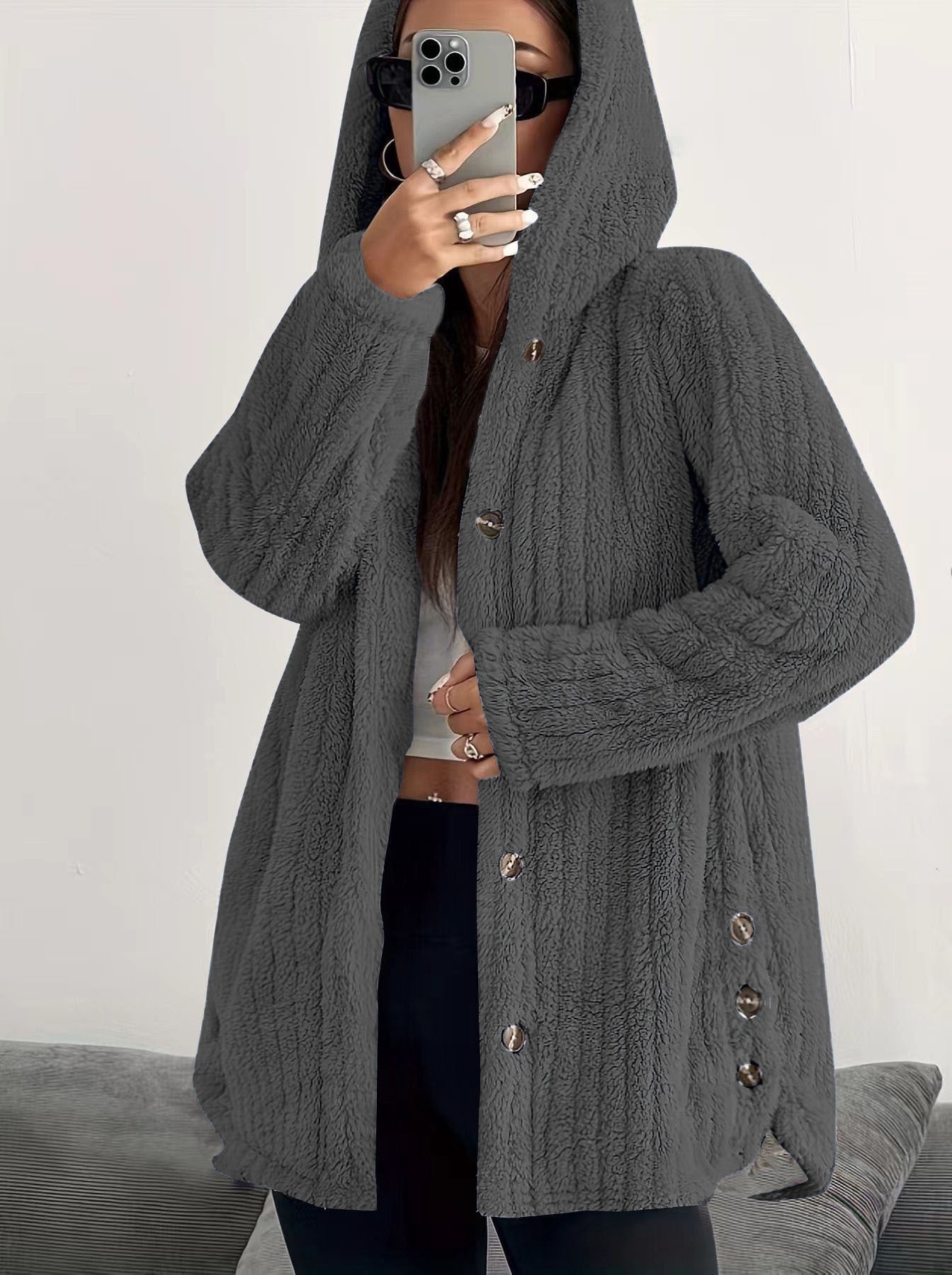 Damen kuschelige Fleecejacke mit Kapuze und Knopfverschluss WW