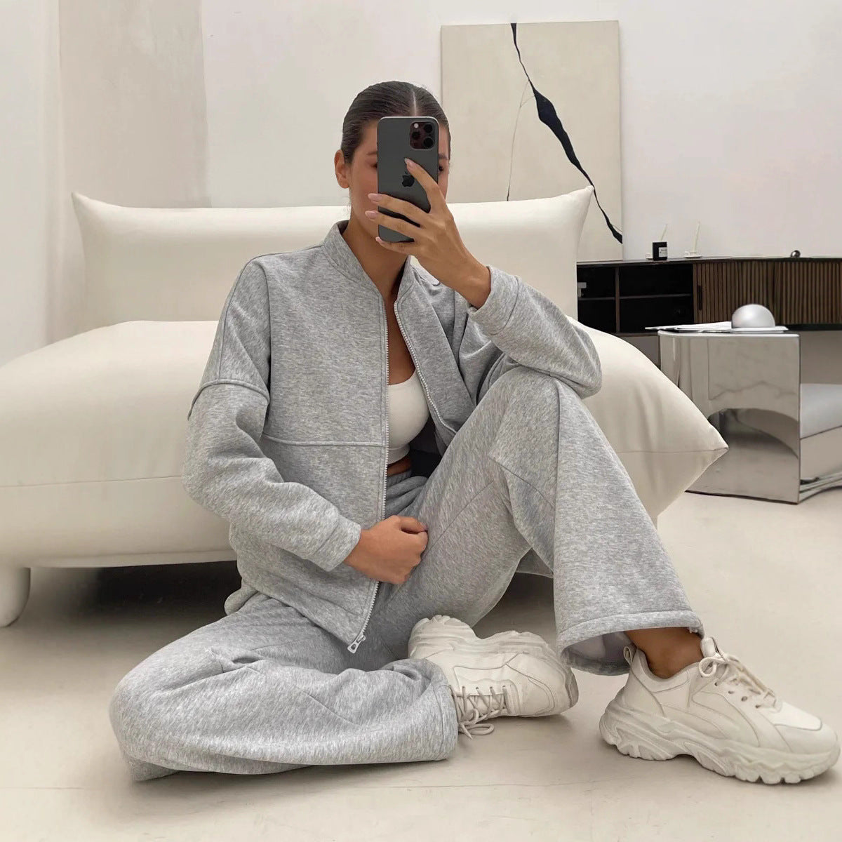 Damen lässiges Fleece-Set mit Oversized Jacke und weit geschnittenen Hosen WW