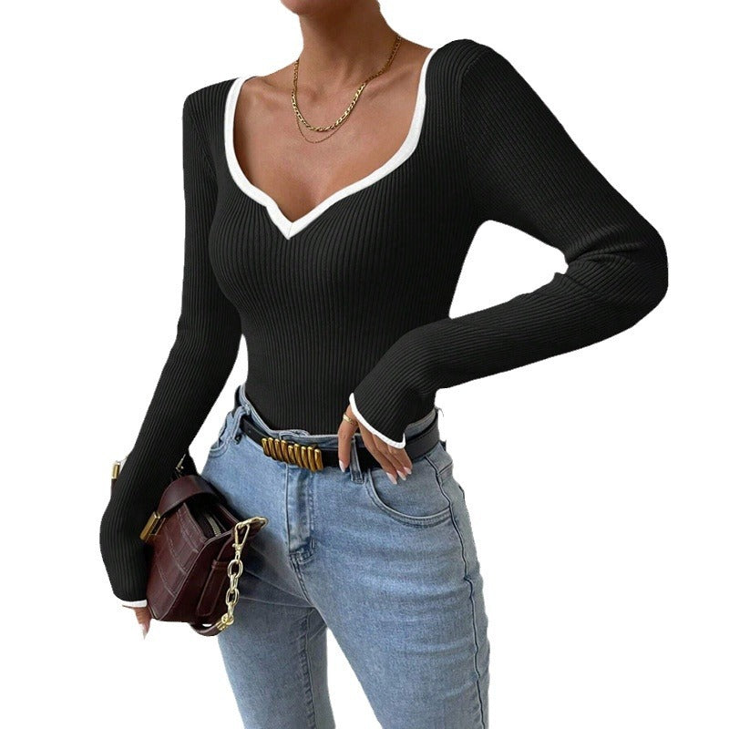 Damen Langarm-Bodysuit mit V-Ausschnitt und Kontrastdetails WW