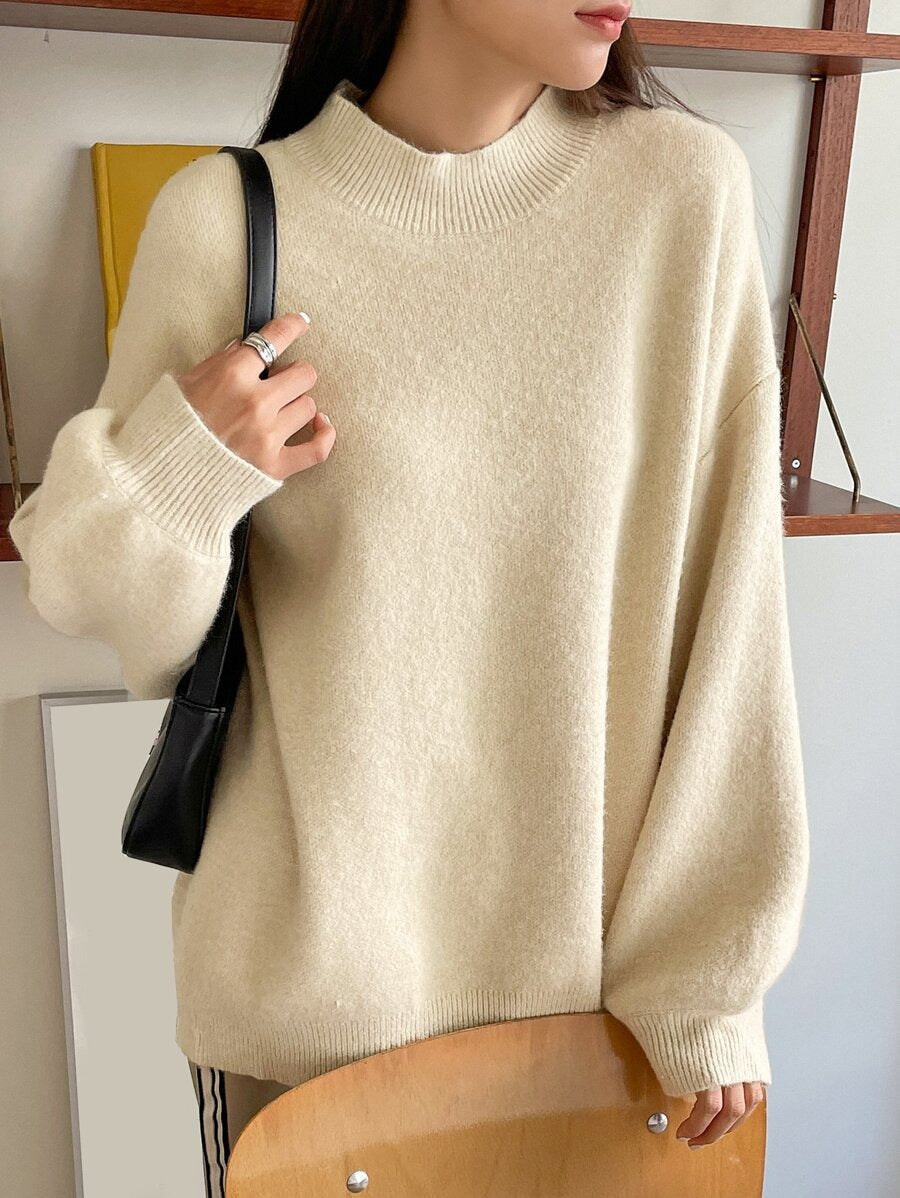 Damen oversized Strickpullover mit Rundhalsausschnitt und breiten Ärmeln WW