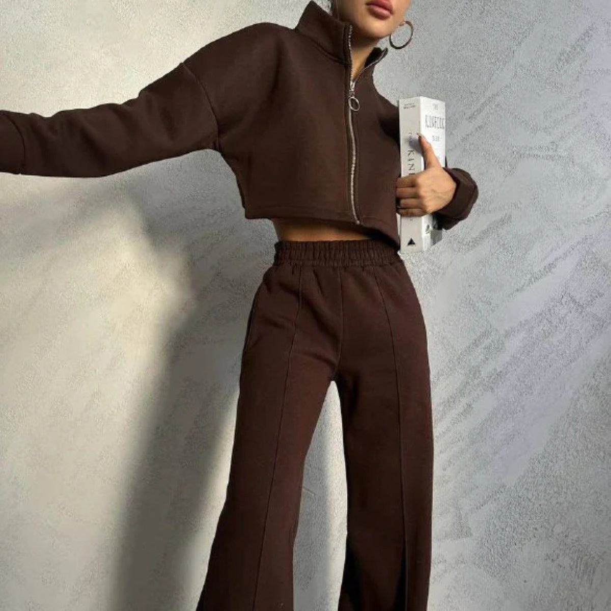 Damen sportliches Cropped-Fleece-Set mit hohem Kragen und modernem Reißverschluss WW