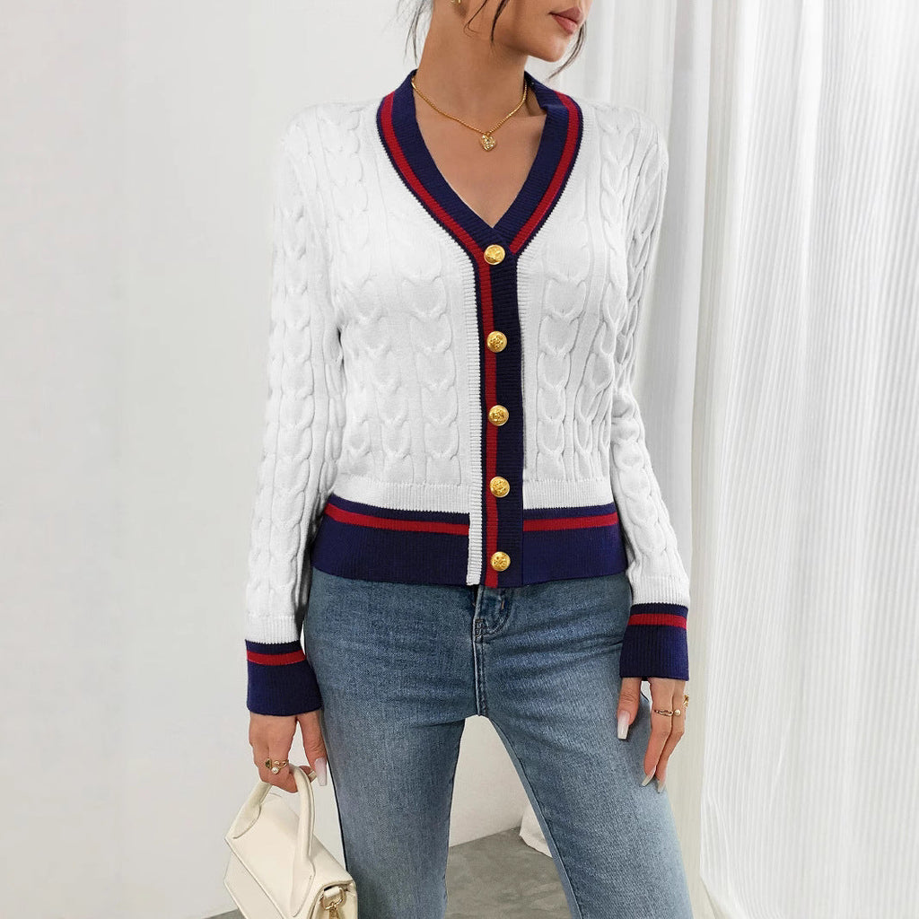 Damen modischer Kabelstrick-Cardigan mit zweifarbigem Abschluss WW