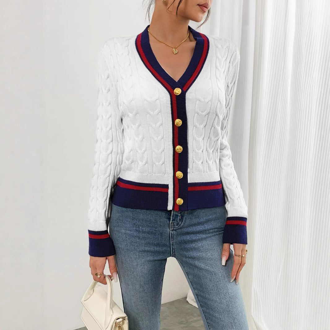 Damen modischer Kabelstrick-Cardigan mit zweifarbigem Abschluss WW