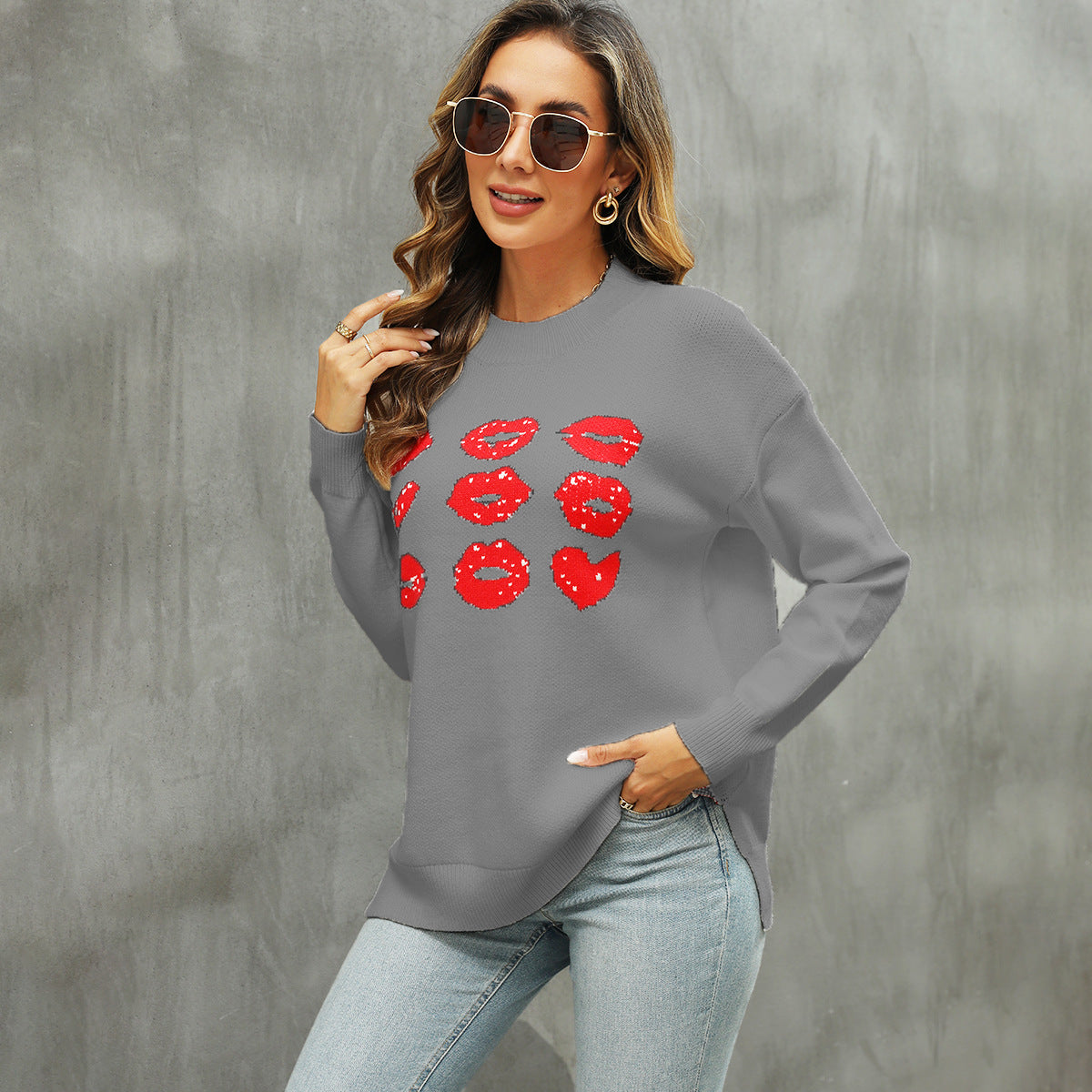 Damen Strickpullover mit glitzerndem Lippen-Motiv WW
