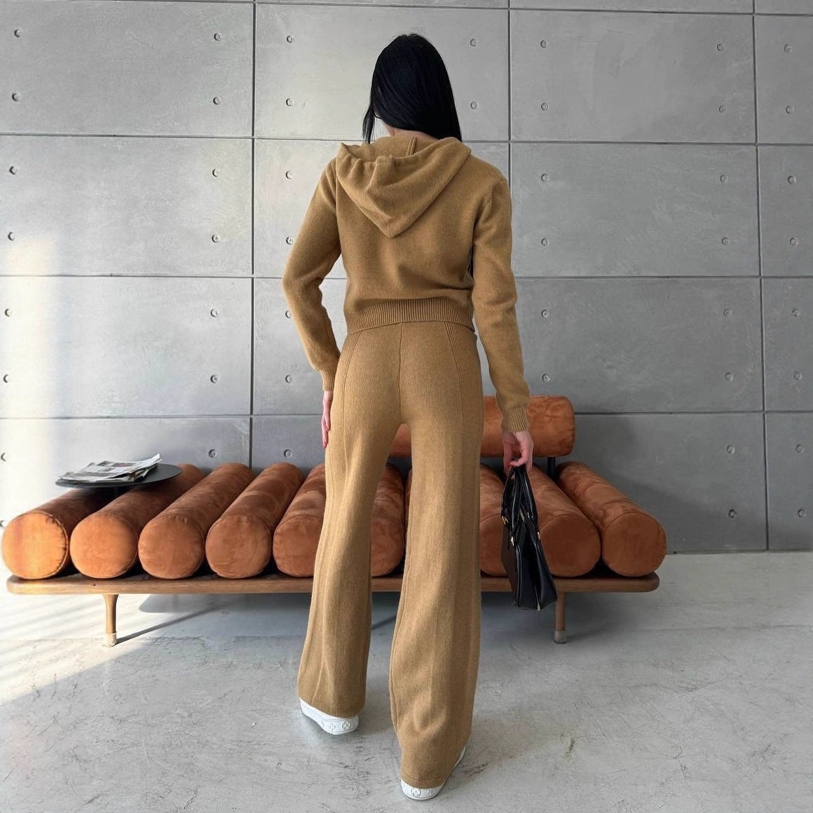 Damen Strickoverall mit modischem Reißverschluss und Kapuze WW