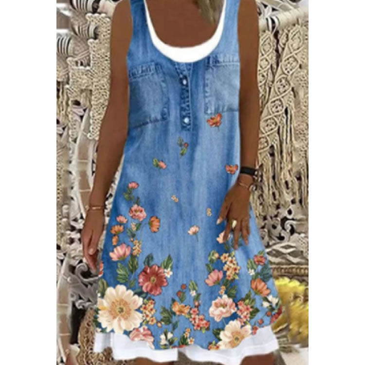 Damen ärmelloses Jeanskleid mit floralem Design und Knopfleiste WW