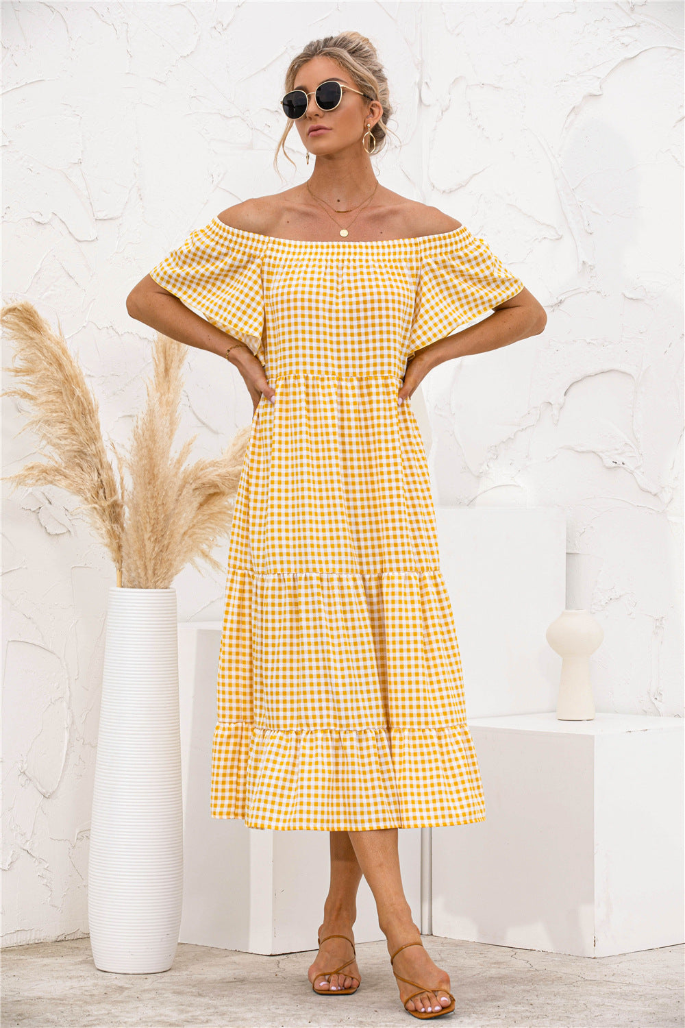 Damen Off-Shoulder Maxi-Kleid mit Rüschendetails und Karo-Muster WW