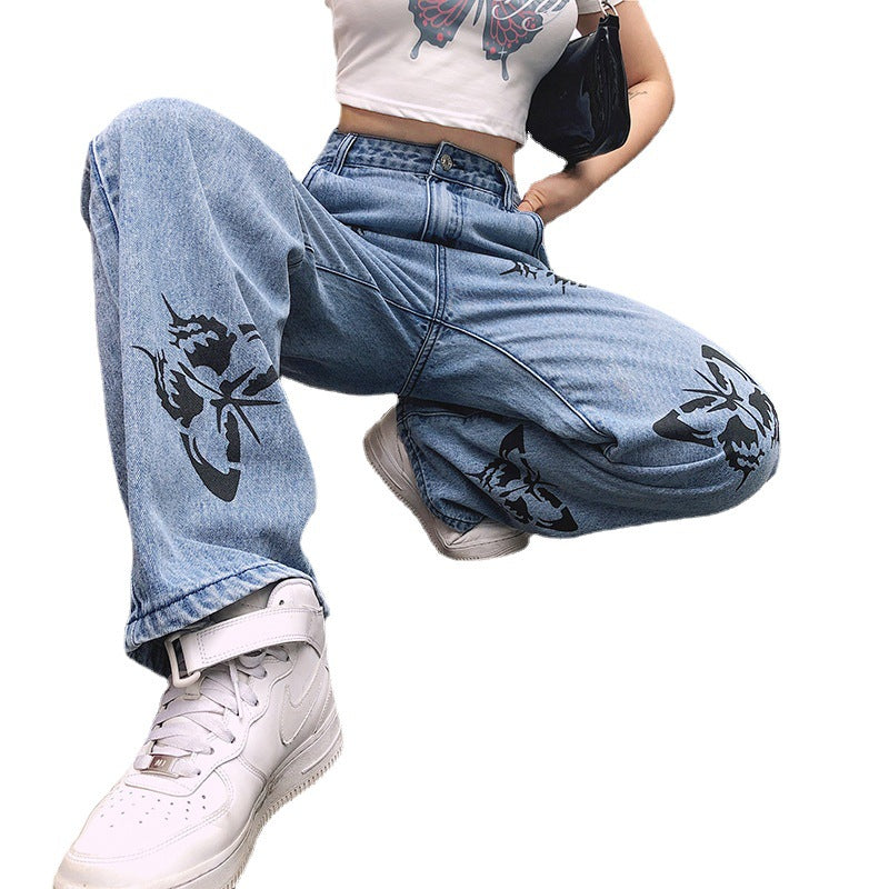 Damen weite High-Waist Jeans mit floralen Druckmotiven WW