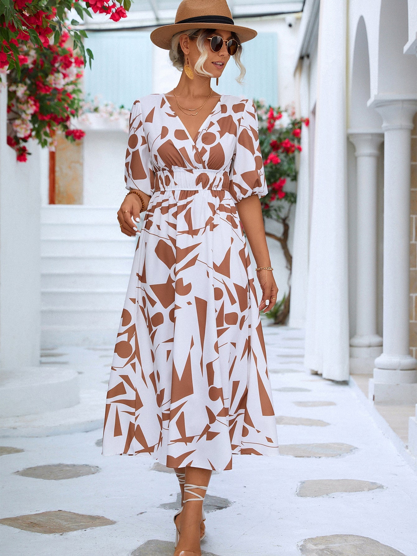 Damen Midi-Kleid mit grafischem Muster und elastischem Bund WW