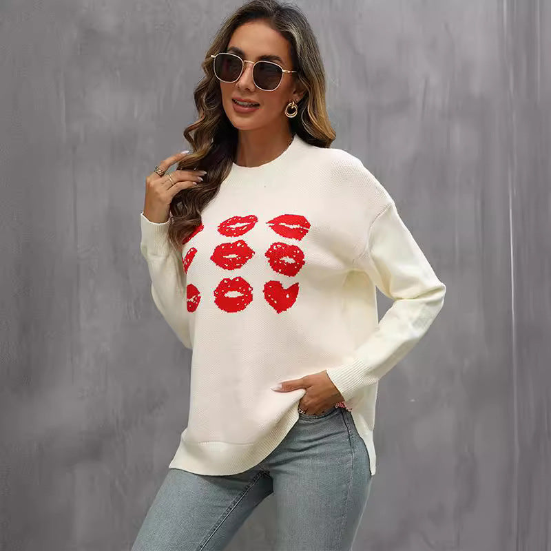 Damen Strickpullover mit glitzerndem Lippen-Motiv WW
