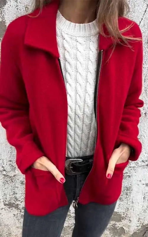Damen modische Fleecejacke mit praktischen Taschen und elegantem Kragen WW