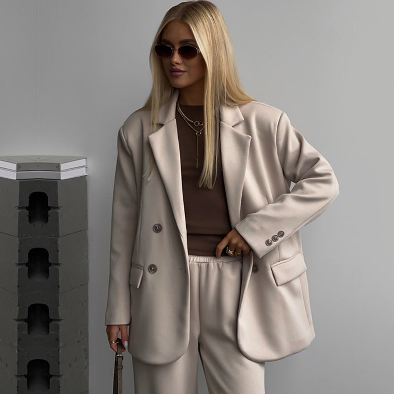 Damen elegantes und lässiges Anzugset mit doppelter Knopfleiste und weitem Bein WW