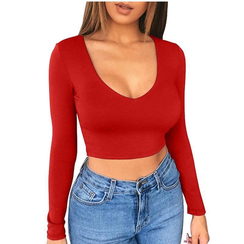 Damen modisches Crop-Top mit tiefem V-Ausschnitt und langen Ärmeln WW