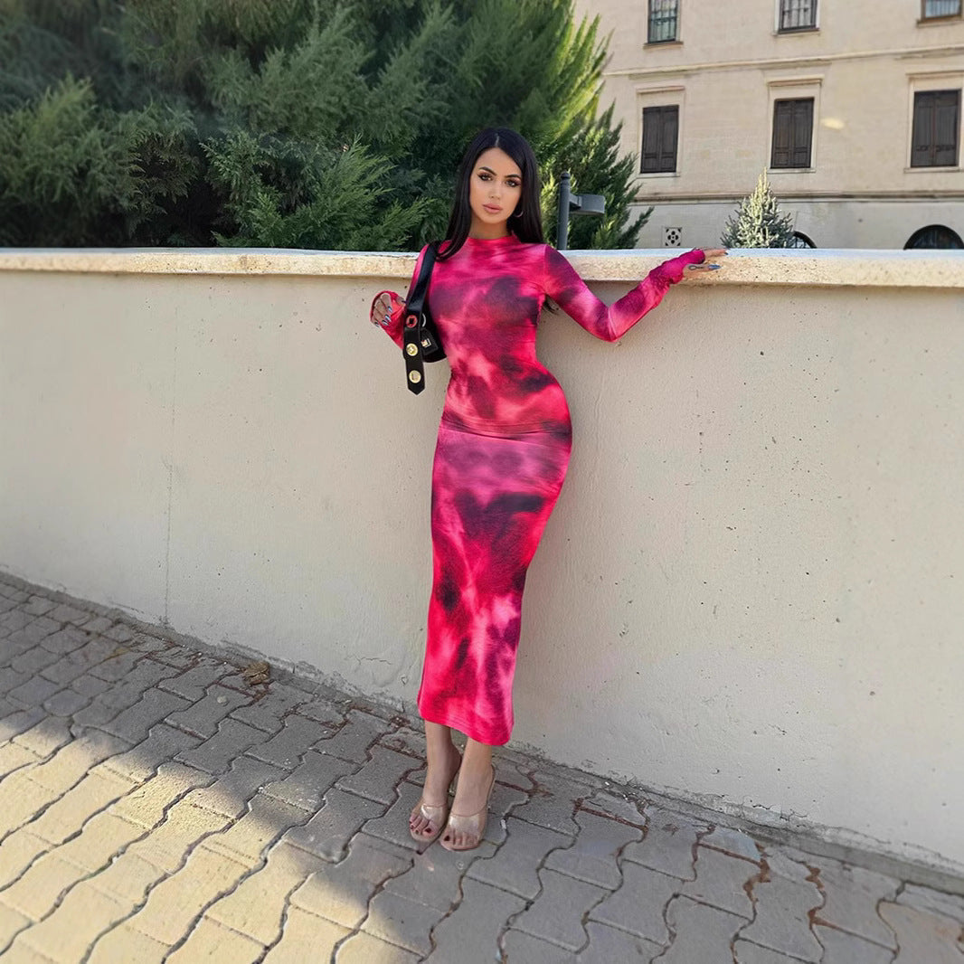 Damen Maxi-Kleid mit langen Ärmeln und modischem Batikmuster WW