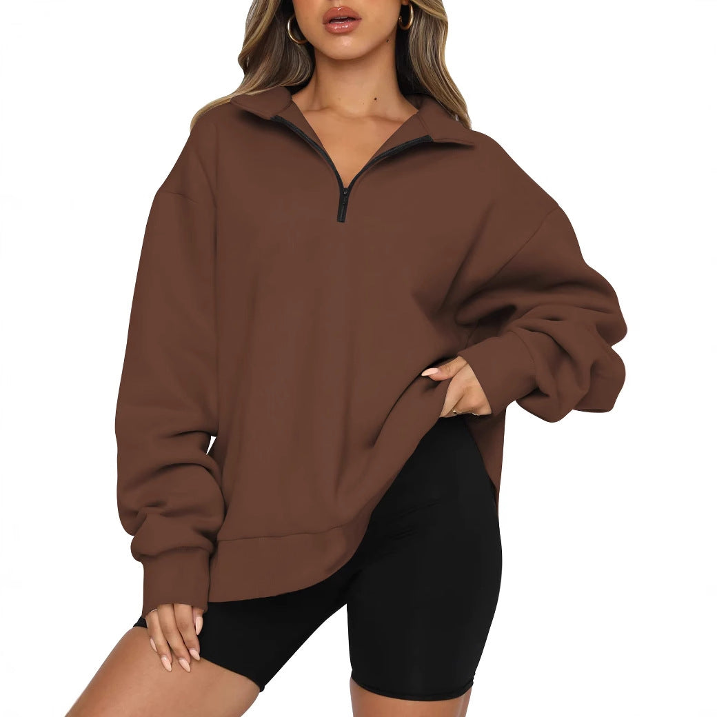 Damen Sportlicher Oversized Pullover mit Reißverschluss und seitlichem Schlitz WW