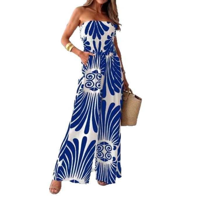 Damen luftiger Maxijumpsuit mit trägerlosem Design und praktischen Seitentaschen WW
