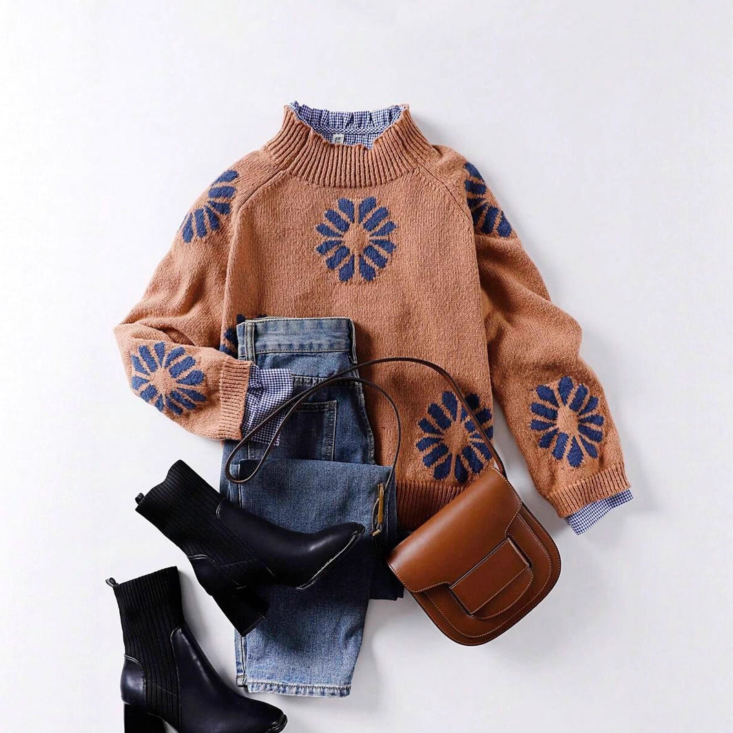 Damen Strickpullover mit floralem Motiv und modernem Rundhalsausschnitt WW