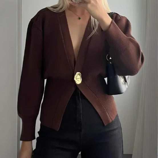 Damen Eleganter und lässiger Cardigan mit tiefem Ausschnitt und Schmuckknopf WW
