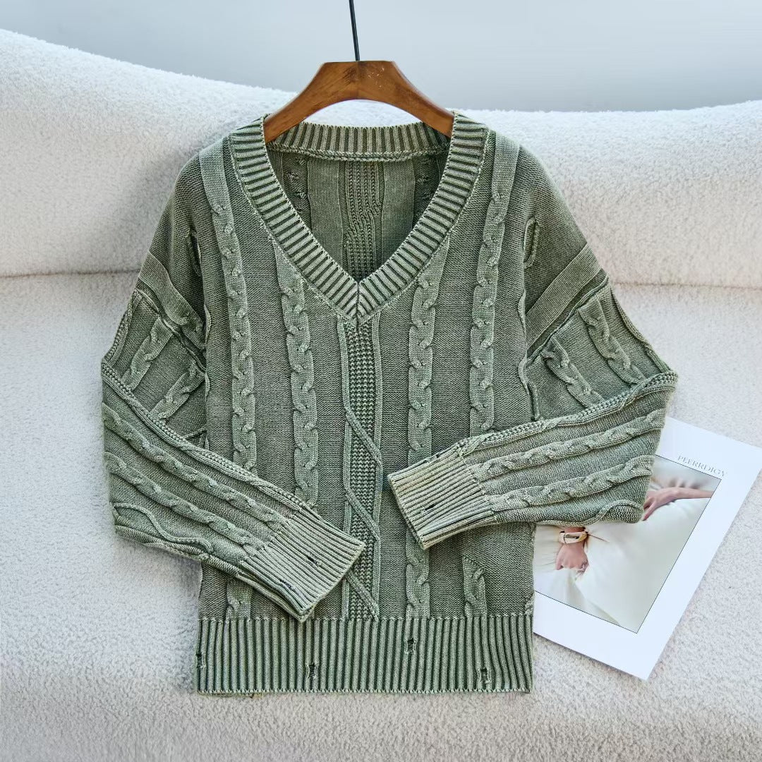 Damen Modischer Strickpullover mit V-Ausschnitt und Zopfmuster WW