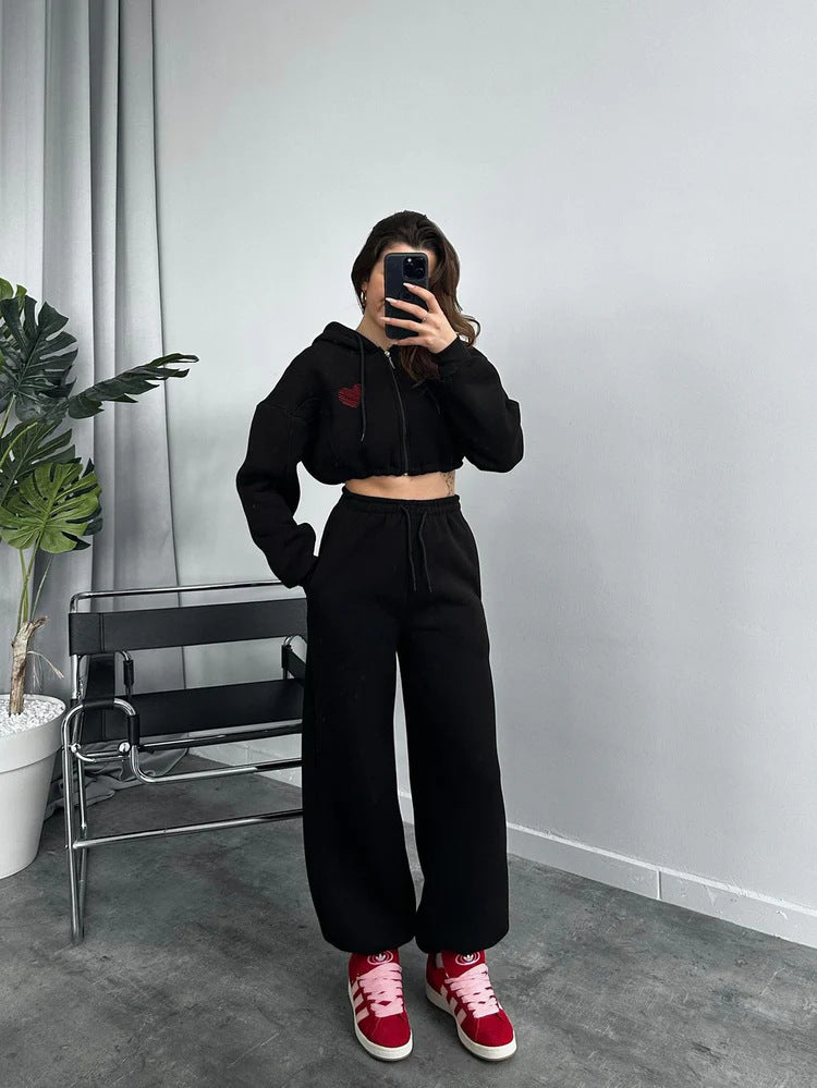 Damen lässiger Kapuzencropped-Pullover und Jogginghose Set mit hohem Bund WW