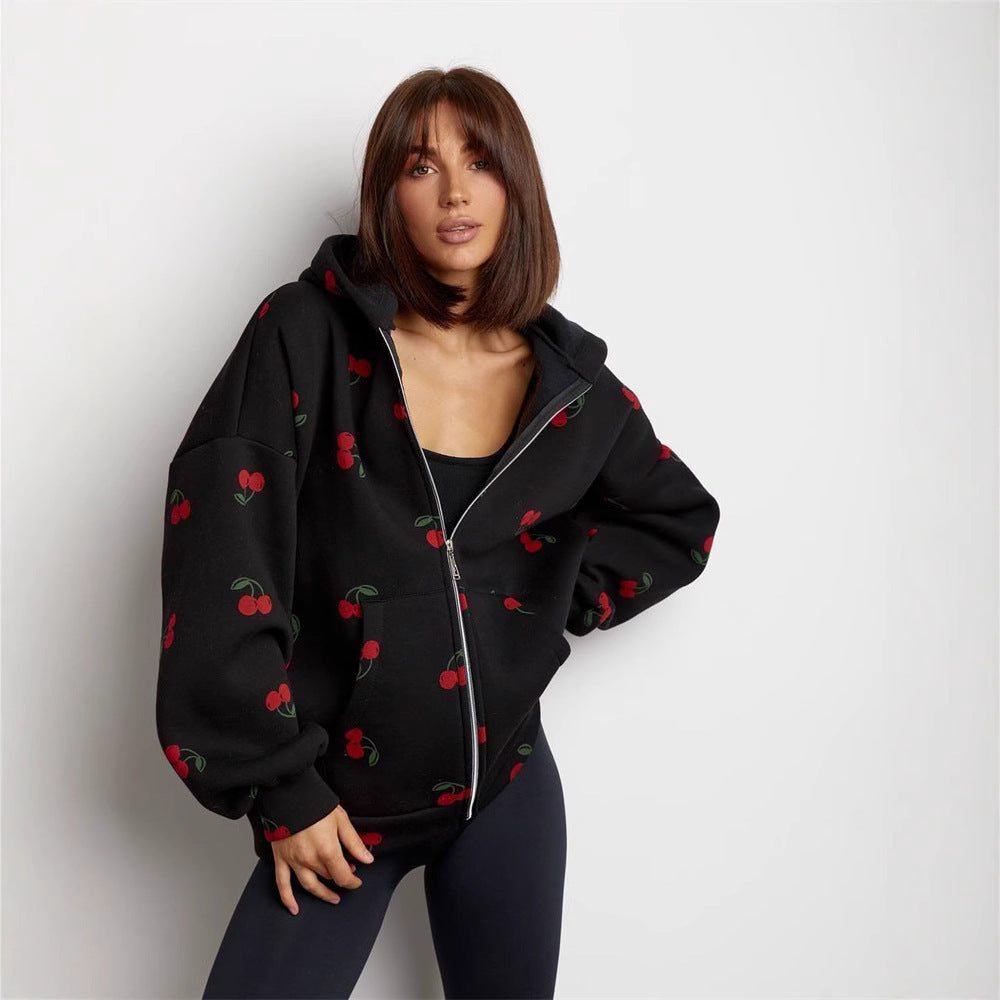 Damen Kapuzenjacke mit frischem Kirschmuster und übergroßem Schnitt WW