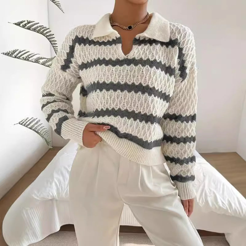 Damen Strickpullover im lässigen Stil mit strukturiertem V-Ausschnitt und hellen Akzenten WW