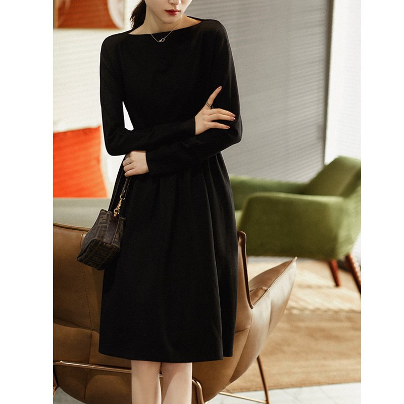 Damen A-Linien Midi Kleid mit langen Ärmeln WW