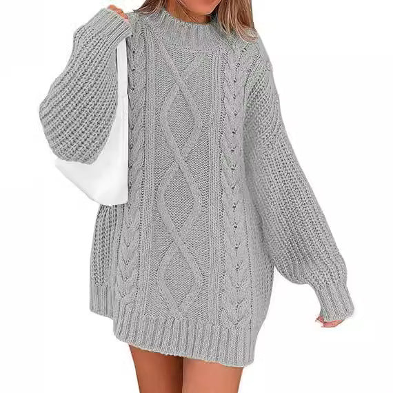 Damen Grobstrick Pulloverkleid mit asymmetrischem Saum und Zopfdesign WW