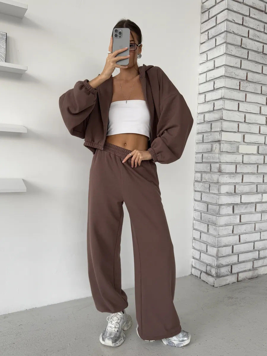Damen lässiges Sweater-Set aus cropped Hoodie und bequemer Hose mit elastischem Bund WW