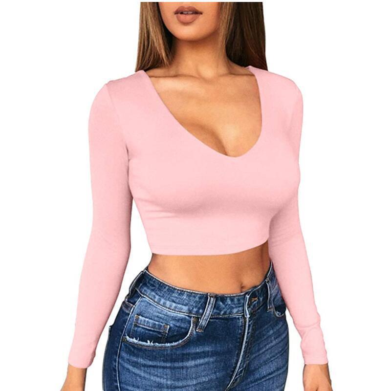 Damen modisches Crop-Top mit tiefem V-Ausschnitt und langen Ärmeln WW