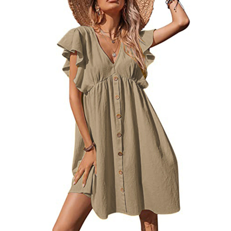 Damen lässiges Sommerkleid mit Volantärmeln und Knopfleiste WW