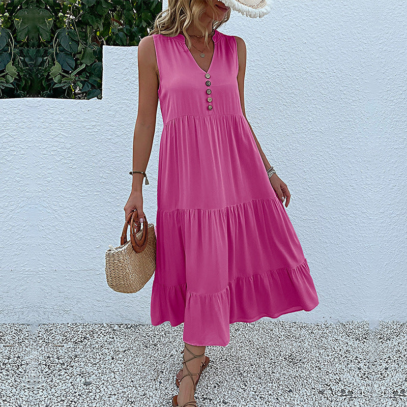 Damen Maxikleid mit Knopfdetail und voluminösem Rock WW