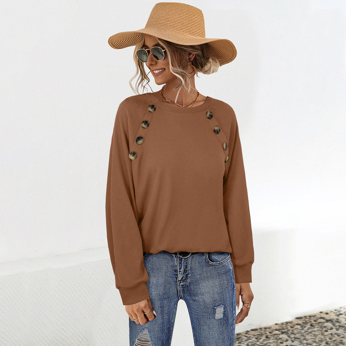 Damen lässiger Pullover mit dekorativen Knöpfen WW