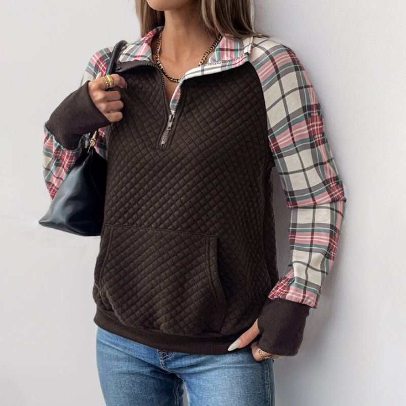 Damen lässiger Fleece-Pullover mit Karomuster und praktischen Kängurutaschen WW