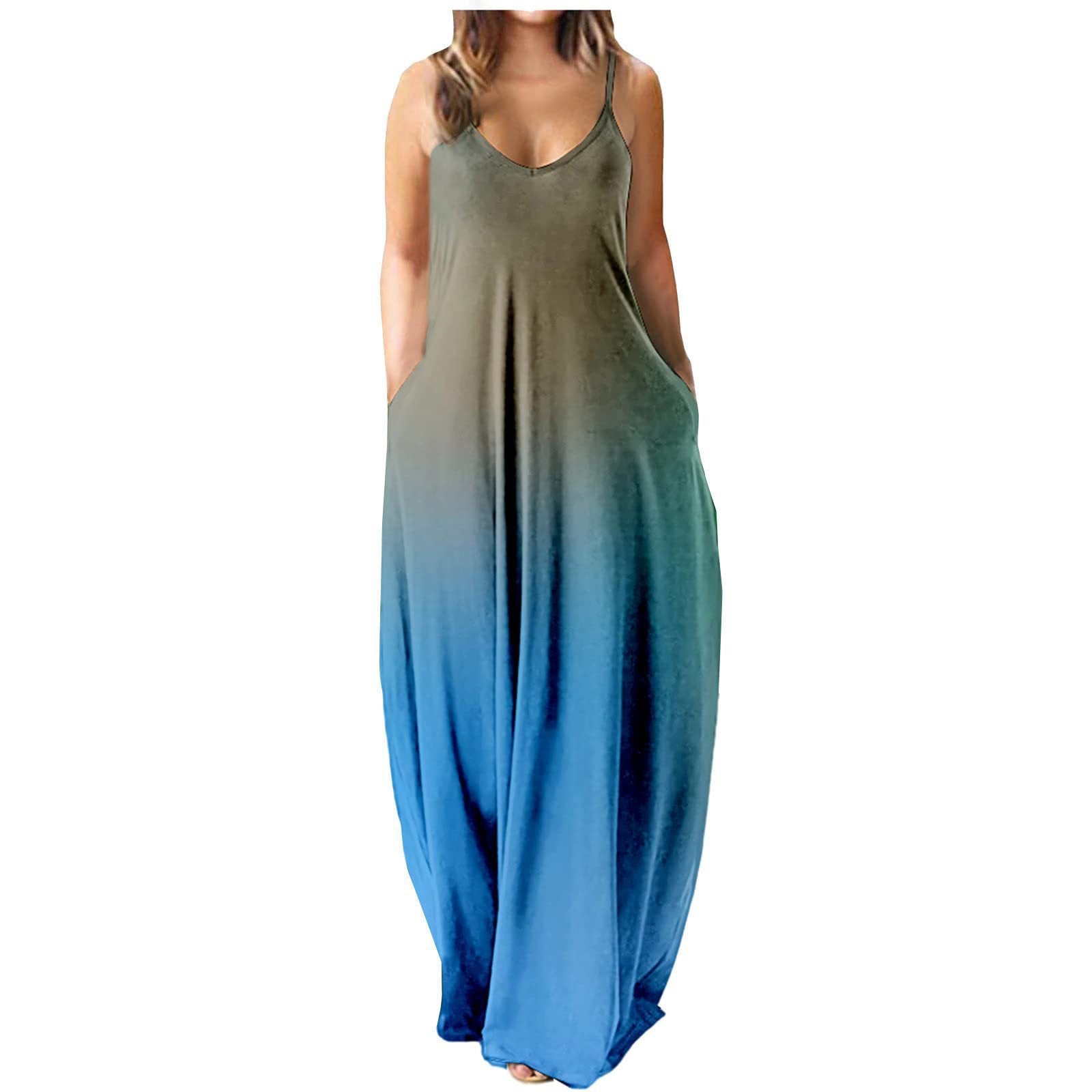 Damen elegantes Maxi-Kleid mit tiefem V-Ausschnitt und praktischen Taschen WW