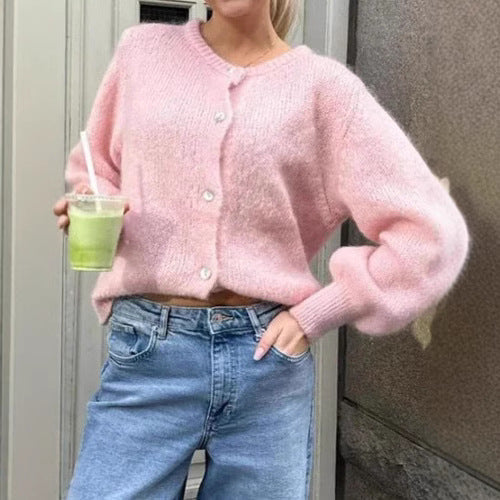 Damen Lockere Strickjacke mit Knopfleiste und weichem Faserdesign WW