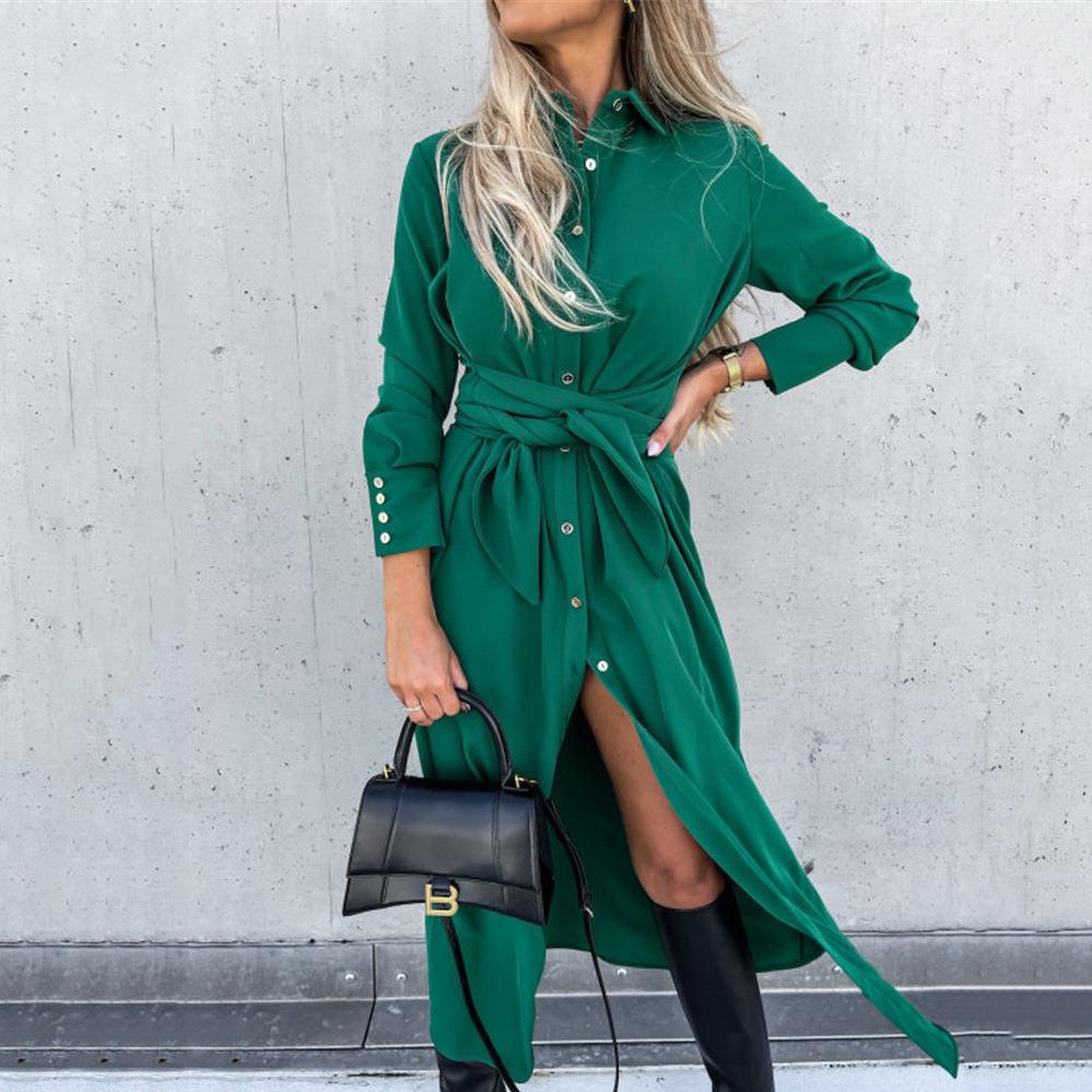 Damen Hemdblusenkleid mit Taillengürtel und seitlichem Schlitz WW