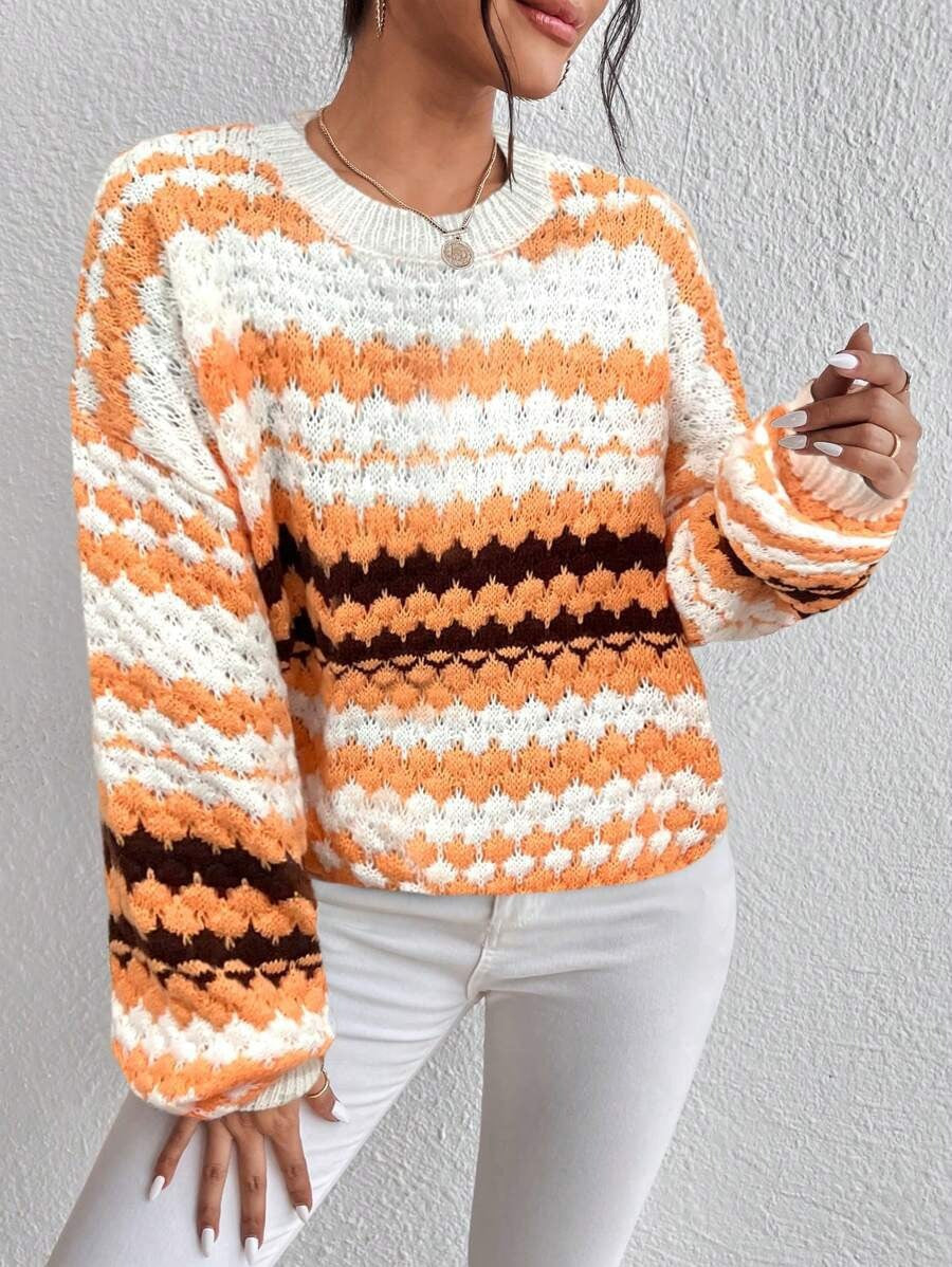 Damen Strickpullover mit kreativem Lochmuster und modischen Farbakzenten WW