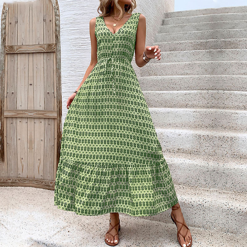 Damen Boho Maxikleid mit bindbarem Taillengürtel und voluminösem Rock WW