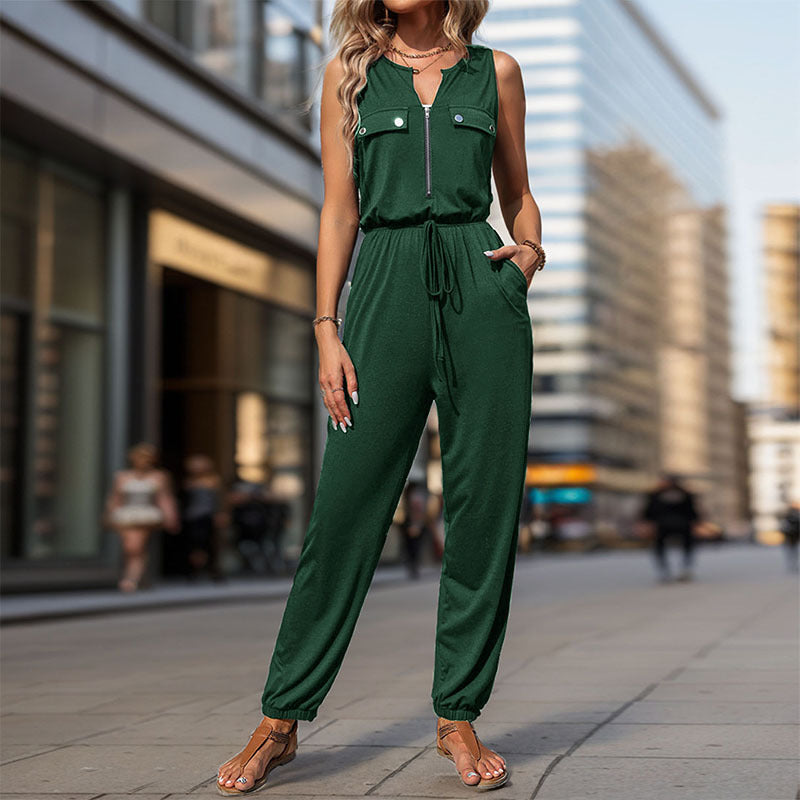Damen Sportlicher Overall mit Reißverschluss und seitlichen Taschen WW