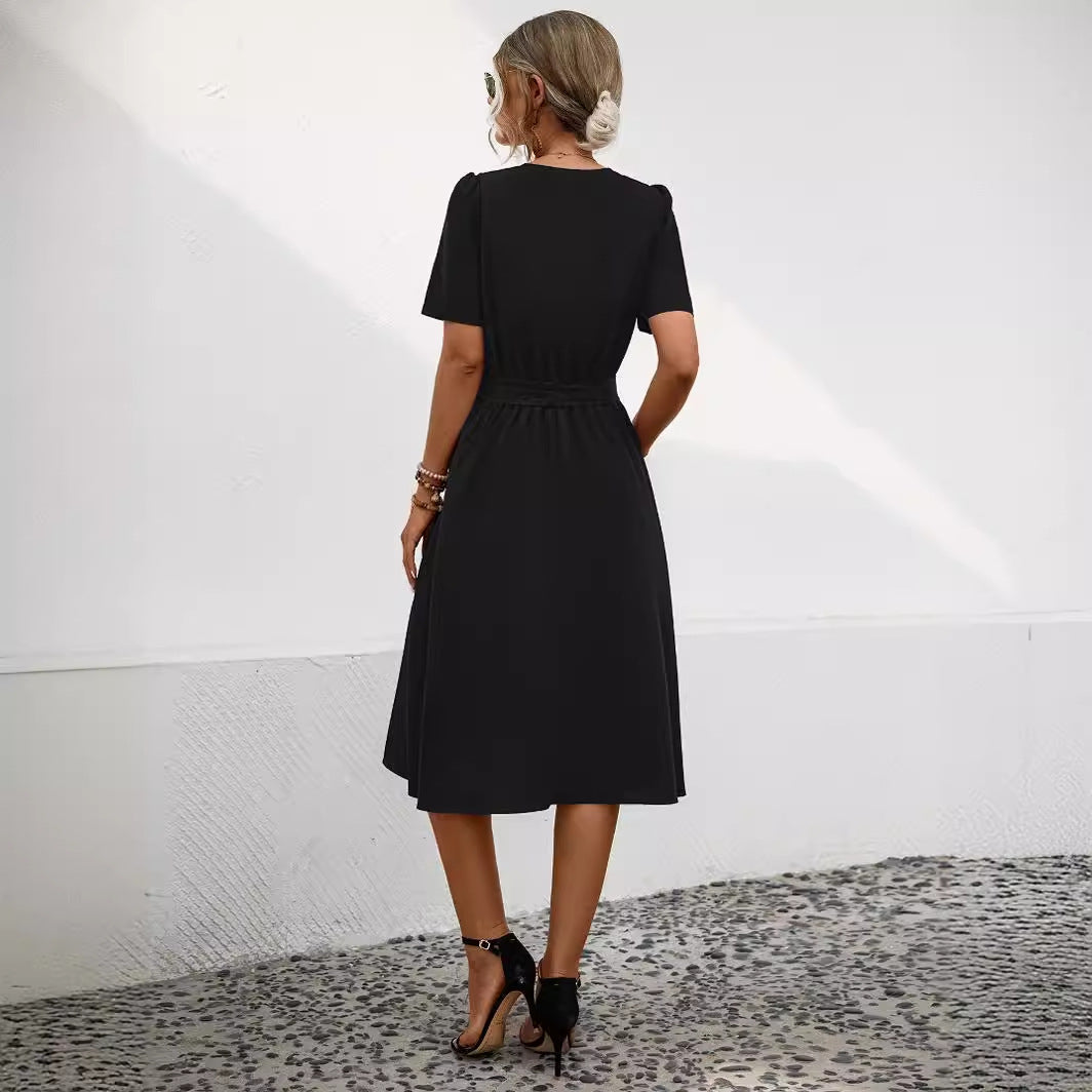 Damen Midi-Kleid mit elegantem V-Ausschnitt und taillierbarem Gürtel WW