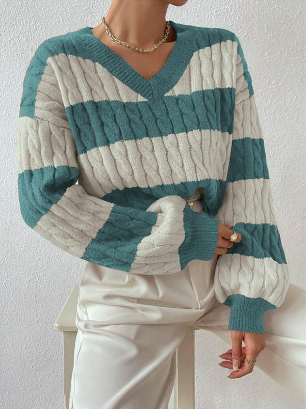 Damen V-Ausschnitt Strickpullover mit Rippstruktur und langen Ärmeln WW