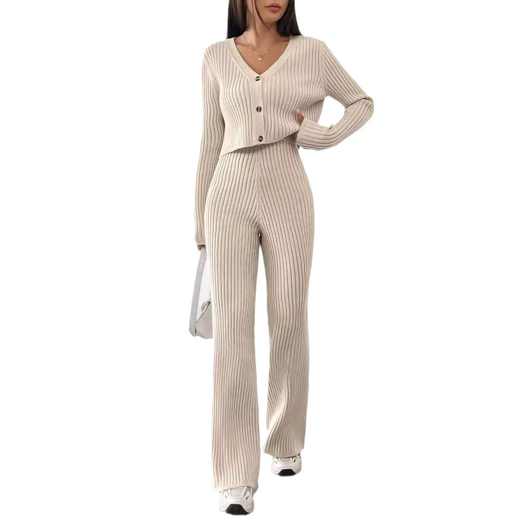 Damen elegantes Rippstrick-Set mit V-Ausschnitt und Knopfdetails WW