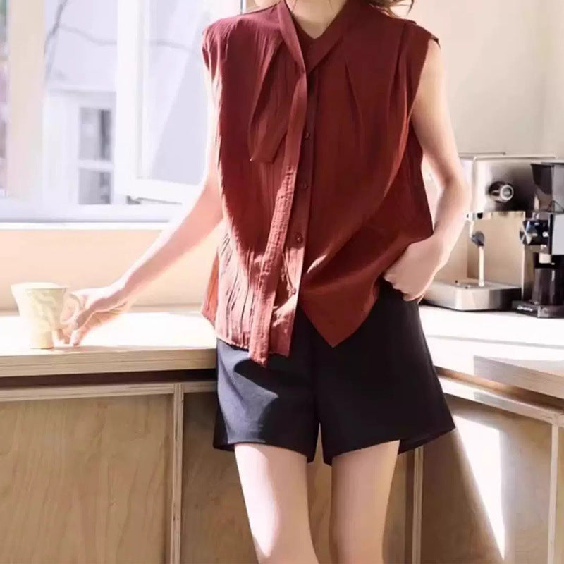 Damen ärmellose Schleifen-Hals-Bluse WW