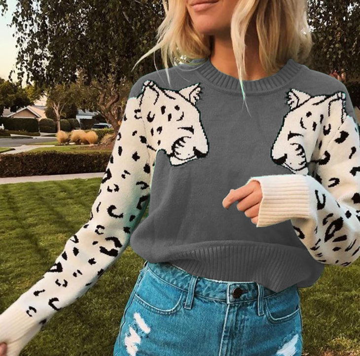 Damen Kuscheliger Pullover mit lebhaftem Tiermotiv und kontrastierenden Ärmeln WW