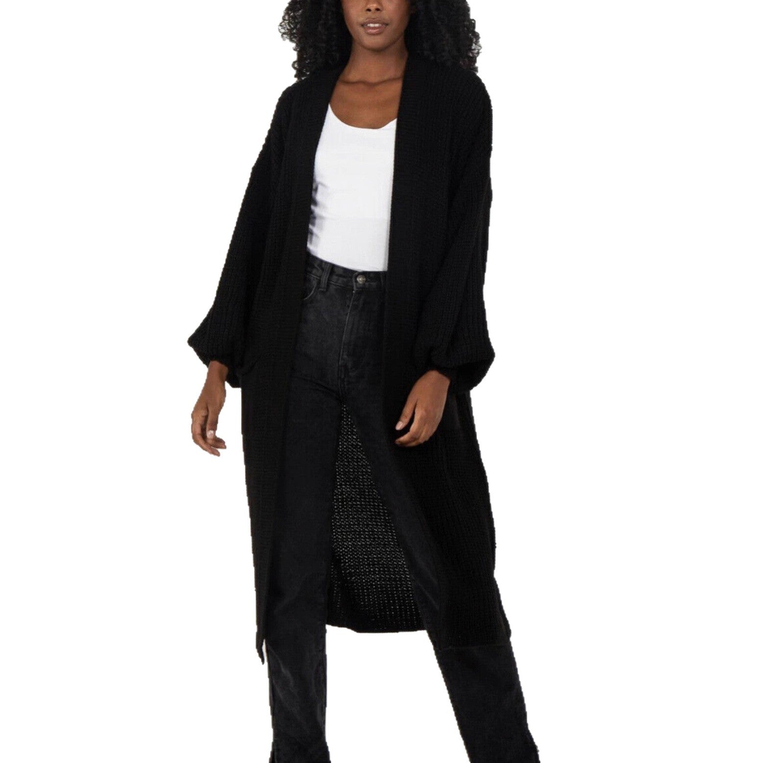 Damen Langer Strickcardigan mit voluminösen Ärmeln und offenem Schnitt WW