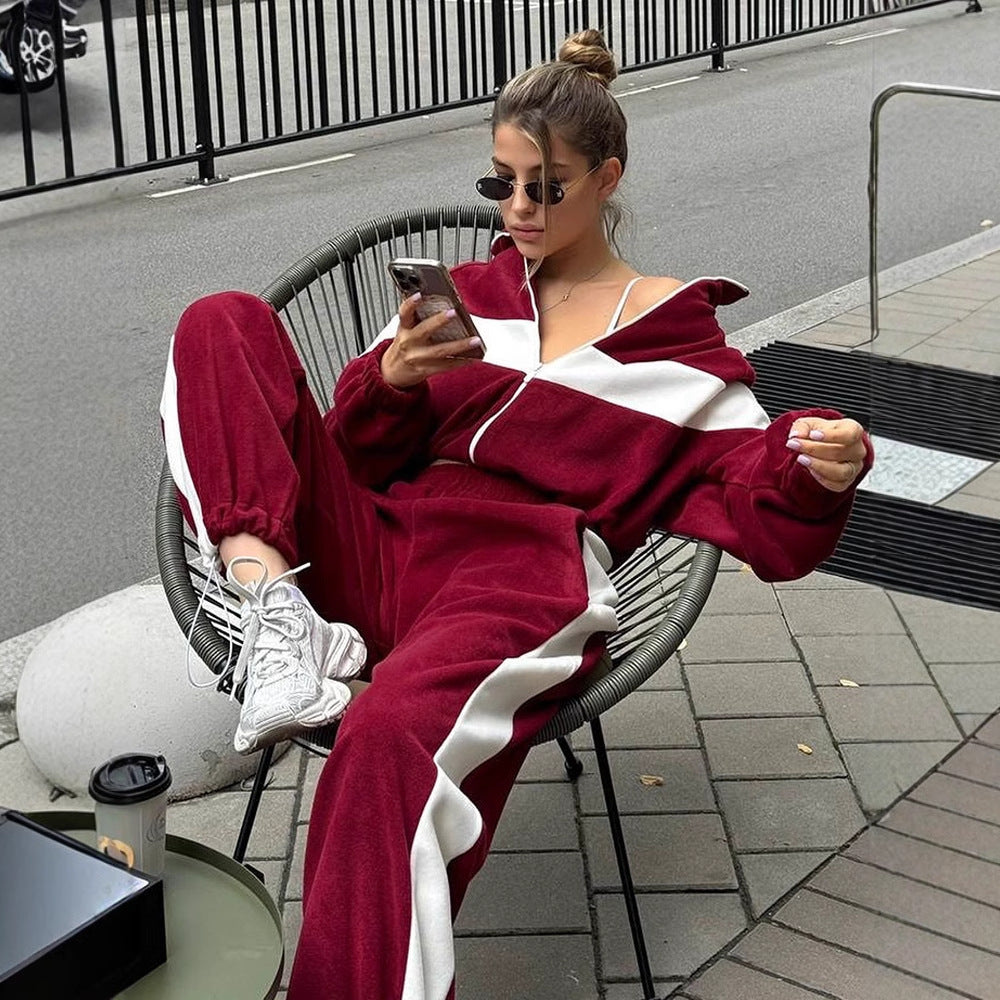 Damen sportliches Fleece-Set mit Reißverschluss und kontrastierenden Seiteneinsätzen WW