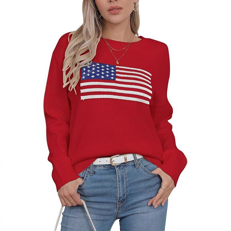 Damen Strickpullover mit Flaggenmotiv und lässigem Schnitt WW