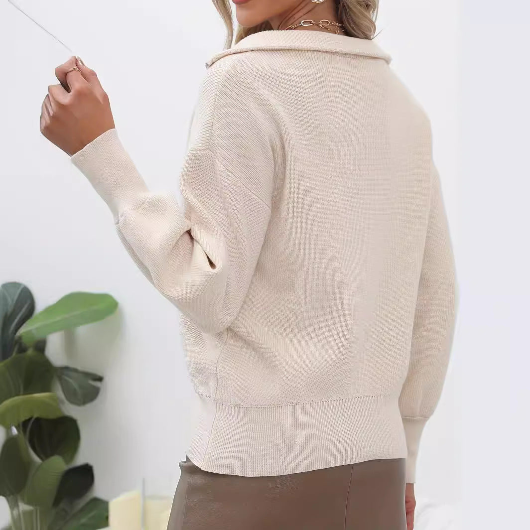 Damen lässiger Pullover mit modernem Zip-Kragen und volumetrischen Ärmeln WW